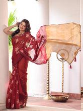 KAVVYA MAROON HANDLOOM SAREE WITH FLORAL WEAVES IN BODY WITH CONTRAST MUSTARD HEAVY PALLU